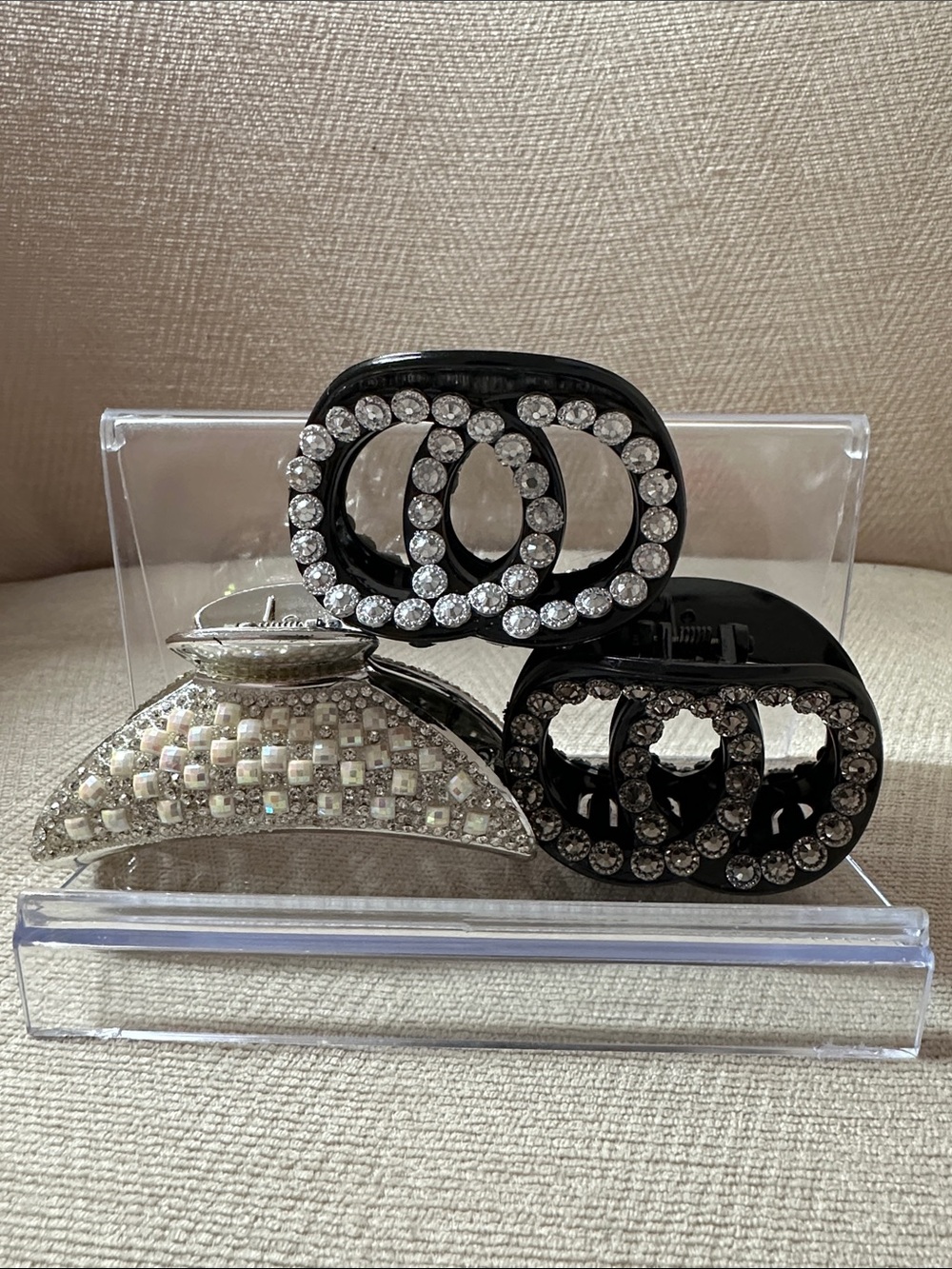 Rhinestone Embellished Hair Claw Clips - Black & Silver Set of (3)